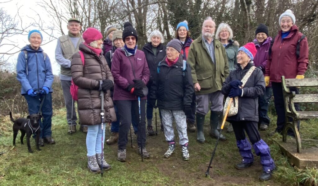 14 people from the country walking group well wrapped up for the cold weather.